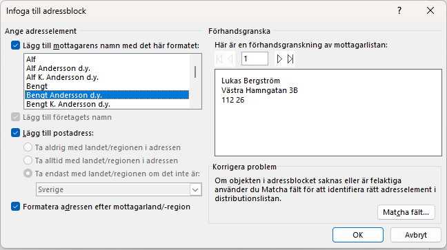 Infoga adressblock i Word för dokumentkoppling